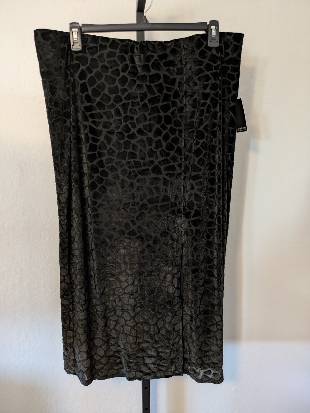 Eloquii black textured midi length knee skirt with slit stretch velour